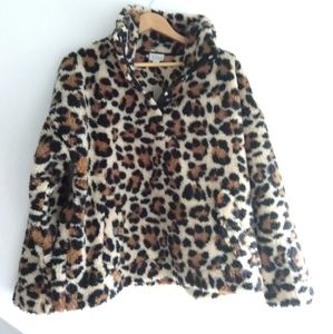 J.CREW Snap Collar Sherpa Sweatshirt in Leopard